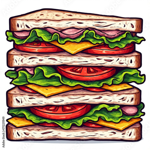 A delicious, towering club sandwich with layers of ham, cheese, lettuce, and tomato.