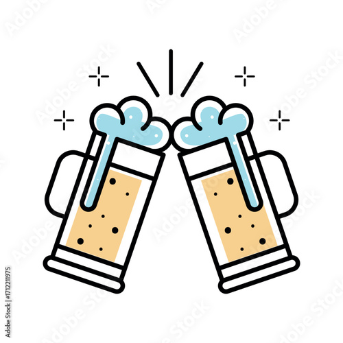 Two beer mugs clinking with foam and bubbles toasting celebration