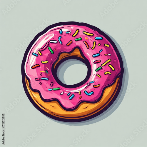 Cartoon illustration of a donut with pink frosting and colorful sprinkles on a light gray background.