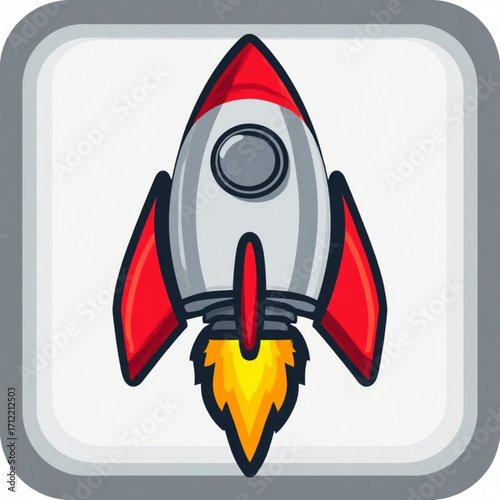 Cartoon rocket ship launching upwards with bright orange and yellow flames, framed in a rounded square.