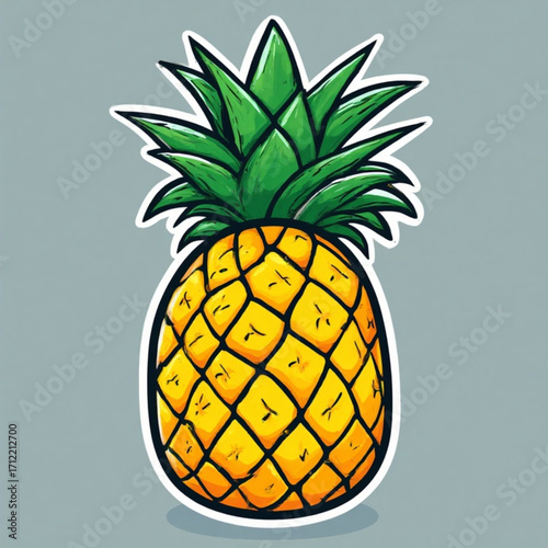 Cartoon illustration of a vibrant yellow pineapple with green leaves.