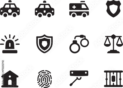 Law enforcement and justice icons for security and legal themes
