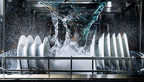 close up of water jets creating bubbles in an industrial dishwasher highlighting the dishwashing process and hygiene in a professional kitchen