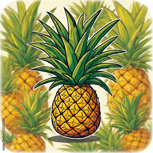 A vibrant illustration of a pineapple, surrounded by a pattern of other pineapples.