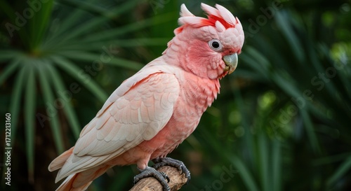 Beautiful pink parrot perched on a branch in a lush green setting