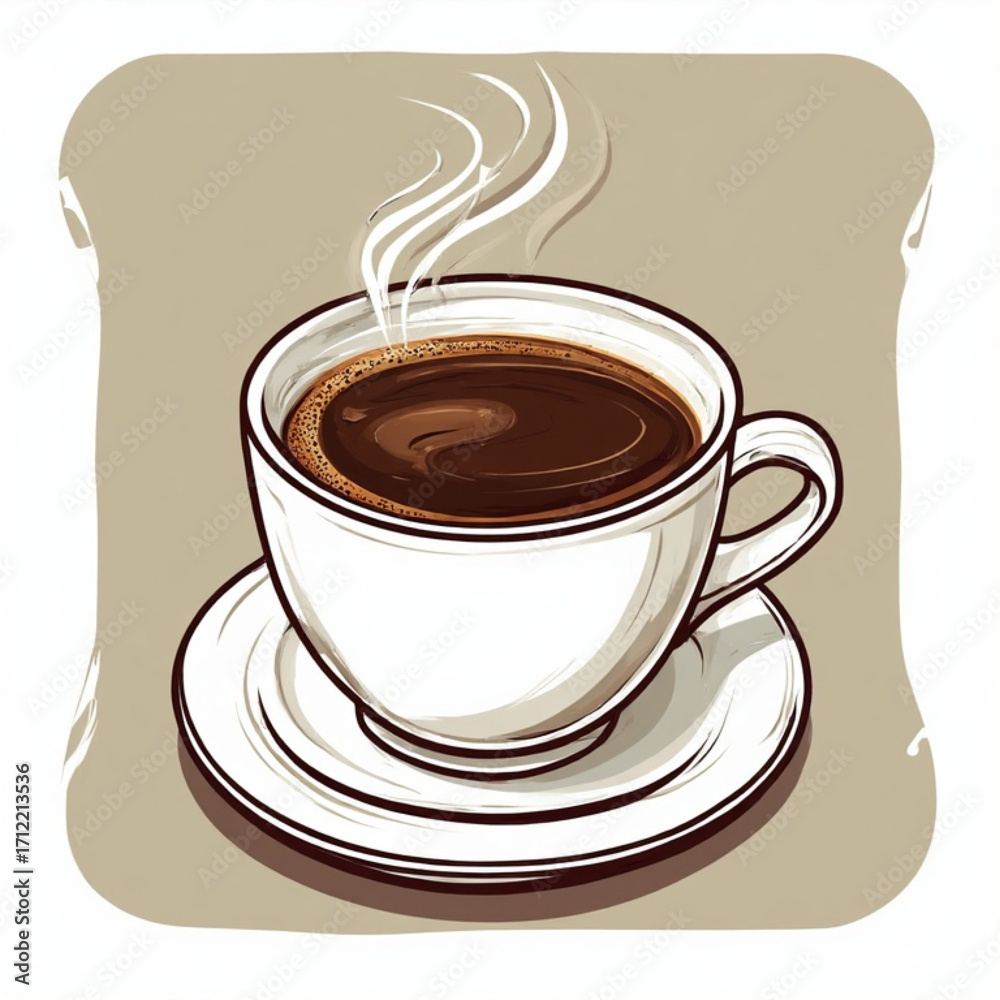 Obraz premium A stylized illustration of a steaming cup of coffee on a saucer.
