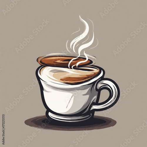 Stylized illustration of a cup of coffee with steam and a latte art design.