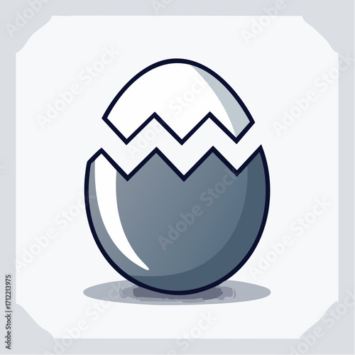 Minimalist vector icon of a cracked eggshell, symbolizing a new beginning or birth, with a bold outline isolated on a white background