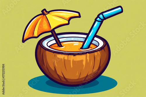 A refreshing coconut drink with a straw and a decorative umbrella.