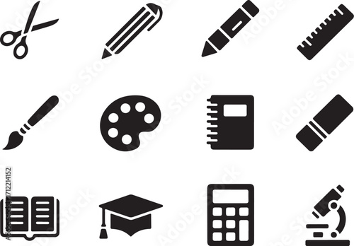 Essential school and office supplies icons for learning