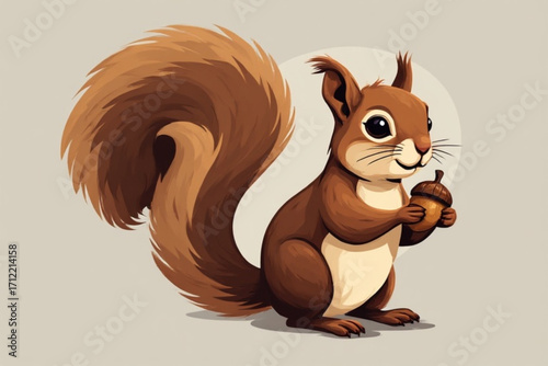 A charming cartoon squirrel is holding a brown acorn, smiling happily.