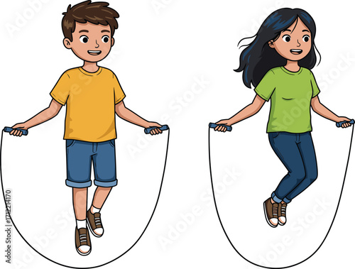 Children jumping rope, playful movement, physical activity, cartoon kids, cheerful exercise, outdoor fun, vector illustration, white background, active  jumping rope, playful movement, 