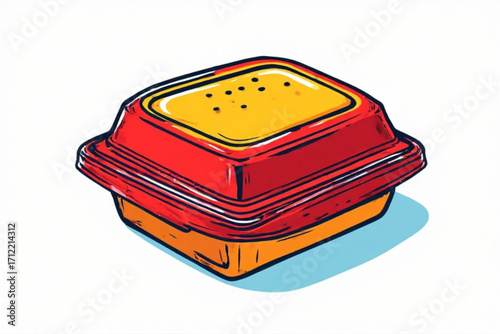 Cartoon illustration of a closed, two-tiered food container with a red lid and yellow base, casting a blue shadow.