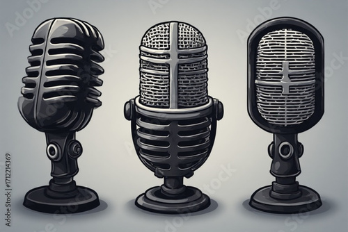 Three vintage microphones displayed in different angles, showcasing their design elements.