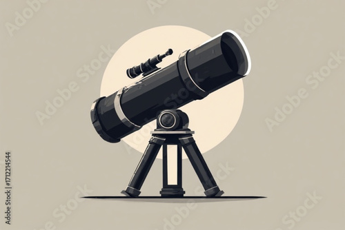 A vintage-style illustration of a large astronomical telescope on a tripod, positioned against a muted background with a subtle moon graphic.