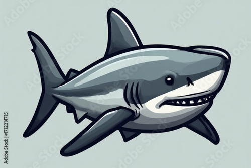 A stylized cartoon great white shark, swimming, viewed from the side, showcasing sharp teeth and fins.