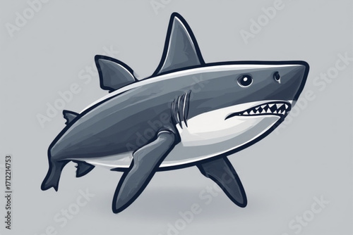 Stylized illustration of a great white shark swimming, depicted in shades of blue and white.