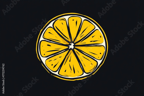 A stylized illustration of a lemon slice, vibrant yellow against a dark background.