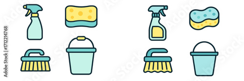 Collection of household cleaning supplies including spray bottles, sponges, brushes, and buckets for domestic hygiene tasks