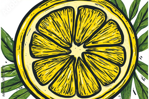 A vibrant cross-section of a lemon, showcasing its juicy segments and surrounded by lush green leaves.