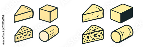 Variety of cheese shapes including triangular wedges, rectangular blocks, and cylindrical logs with smooth and textured surfaces