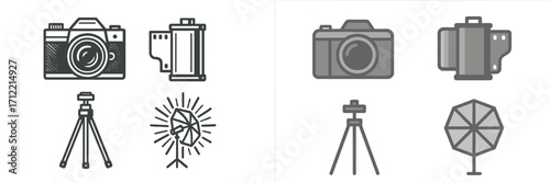 Photography equipment icons set featuring vintage camera, film roll, tripod, and studio lighting gear for creative design projects