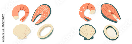 Stylized fresh seafood items including shrimp, salmon steak, scallop shell, and calamari rings arranged for a culinary theme