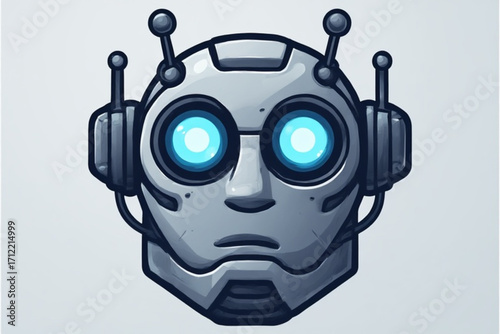 A stylized illustration of a robot head with glowing blue eyes, featuring antennae and a metallic design.