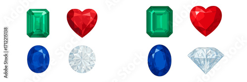 Collection of faceted gemstones in various shapes and colors including emerald, ruby, sapphire, and diamond
