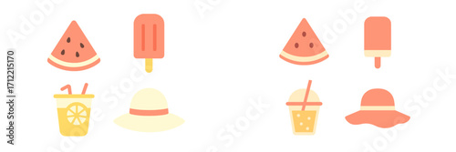 Collection of summer icons featuring fruit, frozen desserts, refreshing beverages, and stylish headwear elements for seasonal designs