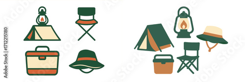 Essential outdoor recreation equipment set featuring a tent, lantern, folding chair, cooler, and bucket hat for camping adventures