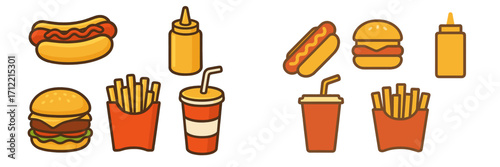 Classic fast food items set with hot dogs, cheeseburgers, french fries, soda drinks, and mustard bottles for menu design