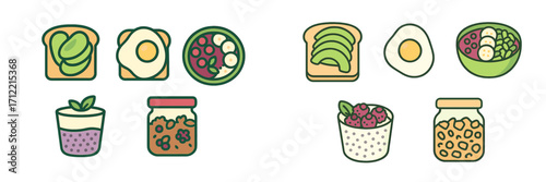 Healthy breakfast food icons featuring avocado toast, fried eggs, fruit bowls, and other nutritious morning meals