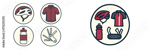 Set of essential cycling gear and accessories including helmet, jersey, water bottle, and multi-tool for bicycle riders