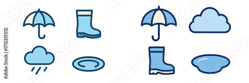 Vibrant collection of blue weather icons featuring umbrellas, rain boots, clouds with rain, and puddles on a clean white background