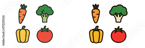 Assorted fresh vegetable icons including carrot broccoli bell pepper and tomato for healthy eating concepts