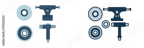Skateboard components set featuring various wheels, robust trucks, and precision bearings for building and maintenance