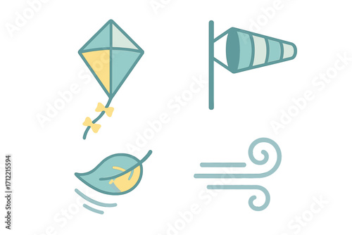 Collection of wind and weather related icons including a kite, windsock, blowing leaf, and air movement symbols