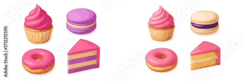 Delicious sweet dessert collection with pink frosted cupcakes, purple macarons, pink glazed donuts, and layered cake slices