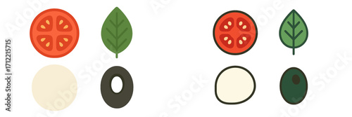 Fresh Italian food ingredients set with tomato, basil, mozzarella, and olive slices for cooking and healthy eating