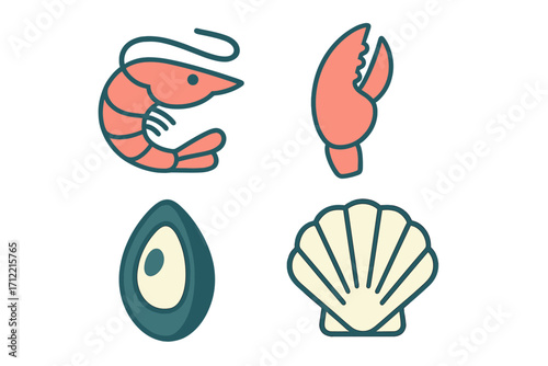 Stylized graphic set of popular seafood items like shrimp, lobster claw, mussel, and scallop shell
