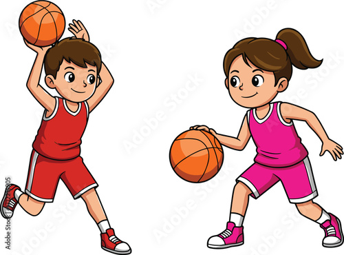 Children playing basketball, active sports scene, teamwork and movement, cartoon kids, physical activity, vector illustration, white background, fun  playing basketball, active sports 