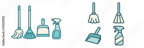 Variety of essential household cleaning tools including brooms, mops, dustpans, and spray bottles for domestic hygiene