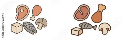 Assortment of protein rich food items including beef steak, chicken drumstick, fish, tofu, and mushroom