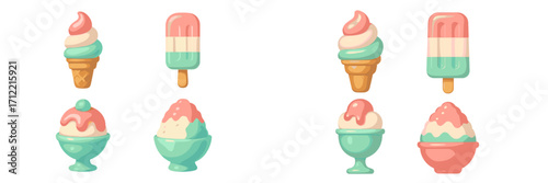 Variety of pastel ice cream cones, popsicles, and delightful shaved ice desserts for summer enjoyment