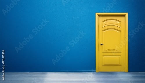 a yellow door against a blue wall in a room