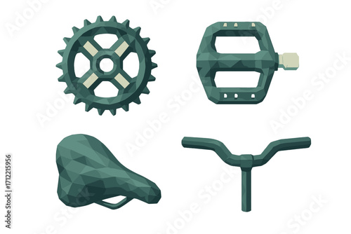 Modern low poly bicycle components set: gear, pedal, saddle, and handlebars isolated on white background