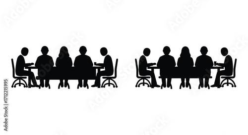 Silhouettes of people seated around two conference tables in discussion