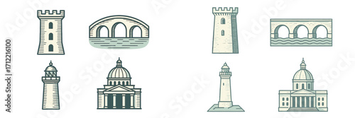 Diverse architectural structures featuring ancient towers, classic arched bridges, coastal lighthouses, and grand domed buildings