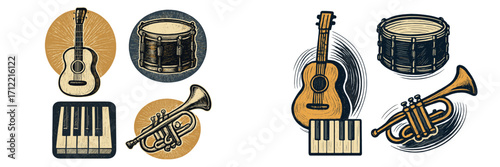 Stylized musical instruments acoustic guitar snare drum piano keyboard brass trumpet in a vintage style